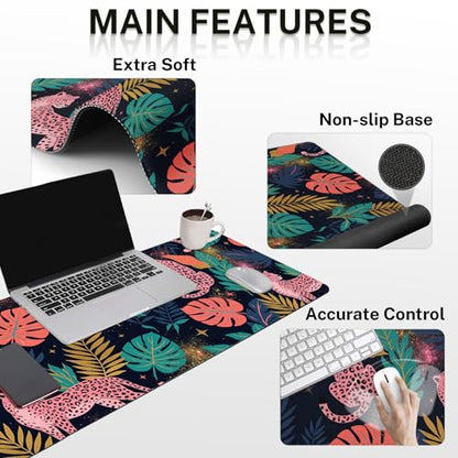 Arttown Keyboard Mouse Pad Set, 4 in 1 Desk Mat Set Leopard Tropical | Pink Leaves Large Mousepad+Keyboard Wrist Rest+Mouse Wrist Rest+Coaster Ergonomic Design for Home Office Computer - color: Pink Leopard