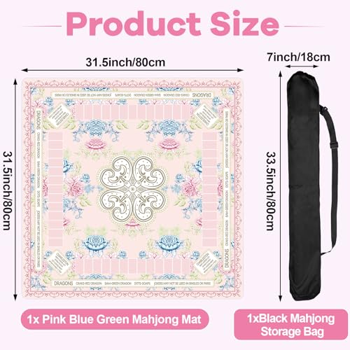 party greeting Chinoiserie Mahjong Mat with Black Carrying Bag 31.5 x 31.5 in Multi Purpose Game Table Cover Anti Slip and Noise Reduction for Mahjong Poker Board Card Dominoes Games(Pink Blue Green) - color: Pink Blue Green