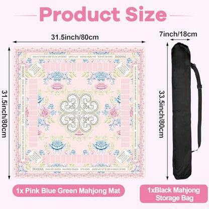 party greeting Chinoiserie Mahjong Mat with Black Carrying Bag 31.5 x 31.5 in Multi Purpose Game Table Cover Anti Slip and Noise Reduction for Mahjong Poker Board Card Dominoes Games(Pink Blue Green) - color: Pink Blue Green