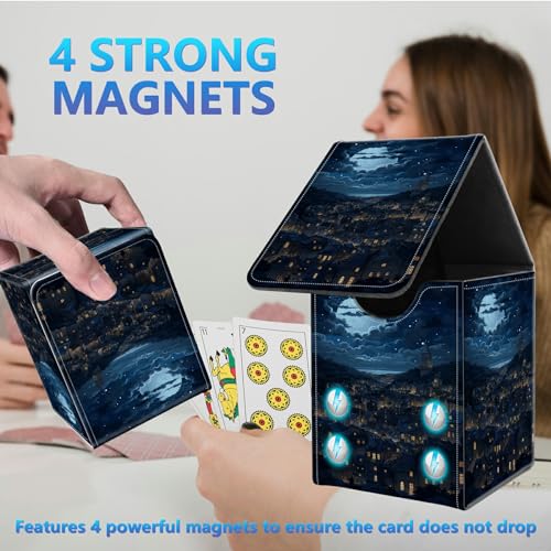 Card Deck Box for Trading Cards,MTG Commander Deck Box Fits 100+ Single Sleeved Cards,Leather Magnetic Card Storage Box for YuGiOh TCG CCG Cards,City Night View - color: City Night View