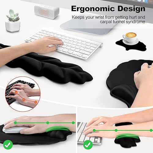 Keyboard Wrist Rest and Mouse Pad with Wrist Support Set, Ergonomic Leaf Shape Mouse Pad with Non-Slip Base, Pain Relief Memory Foam Mousepad for Computer,Laptop,Home Office, Black - color: Black