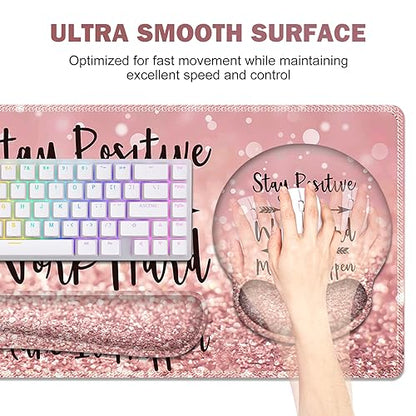 ToLuLu Desk Mat, XXL Large Mouse Pad Wrist Support Set，4 in1 Gaming Mousepad Desk Pad+ Ergonomic Mouse Pad with Wrist Rest + Keyboard Wrist Rest+Coaster for Women Home Office Table, Pink Stay Positive - color: Pink Stay Positive