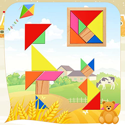 Jerify 5 Pack Wooden Tangram Puzzle for Kids, Brain Teaser Puzzles | Wooden Hexagon Puzzle Block Teaser, Pattern Blocks, Tangram Puzzle, Geometric Shapes Tangram Games, Boys Girls Toddler 1-3 - style: Geometry