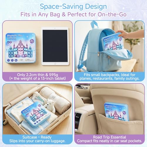 burgkidz Magnetic Travel Tiles for Kids 3-8: 42PCS Large & Small Ice Blue Purple Glitter Blocks – 2-in-1 Storage & Base – 90+ Min Quiet Play, 300+ Builds, 30s Cleanup – Car & Plane Toys for Girls - color: Blue