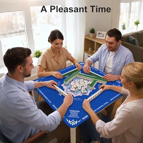 GreenD Mahjong Mat for Table 31.5"x31.5" Rubber American Mahjong Mat with Rules, Non Slip Noise Reduction Game Table Cover with Dice and Bag for Mahjong, Poker, Board, Card, Tile Games（Blue ）