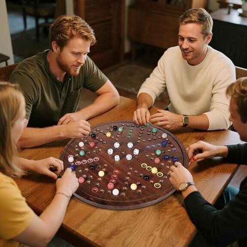 HOROW Wahoo Board Game - 20 Inch Solid Wood Board with 24 Natural Gemstone Marbles & 6 Dice，Double-Sided for 4 and 6 Players - Perfect for Family Game Nights and Parties（Deluxe Edition） - color: Flame