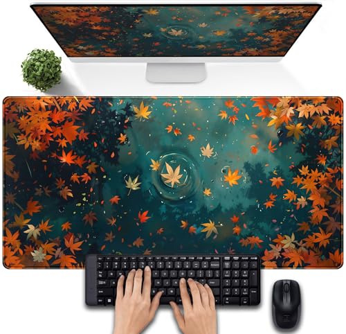 Maple Leaves Desk Mat Gaming Mouse Pad Large, Extended Desk Pad Full Desk Cover Mat, Fall Leaves Laptop Keyboard Pad, Computer Desktop Mat XXL, Aesthetic Fall Desk Accessories 31.5x15.7 Inch - color: Fall Leaf