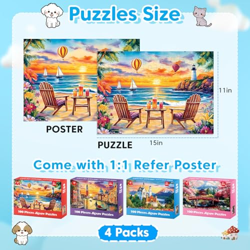 100 Piece Puzzle World Famous Landscapes Jigsaw Puzzles Large Piece Puzzles for Adult Seniors Kids Puzzles for Kids Ages 4-6 6-8 Learning Educational Toys Gifts for Girls Boys 4 Packs - style: World Famous Landscapes
