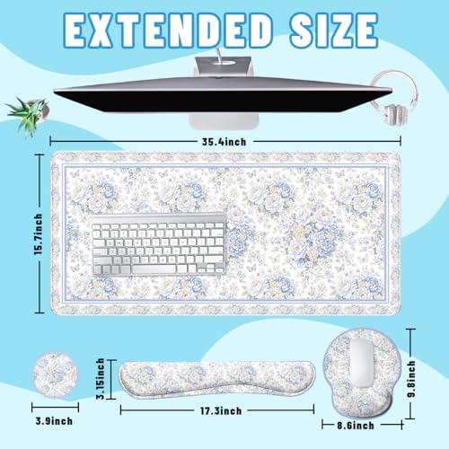 Blue Rose Desk Mat Set White Floral Large Mouse Pad with Wrist Rest 4in1 Desk Mat for Desktop Ergonomic Computer Desk Arm Wrist Anti-Slip Computer Ergonomic Mouse Pad Home Office Gaming - color: Blue Rose