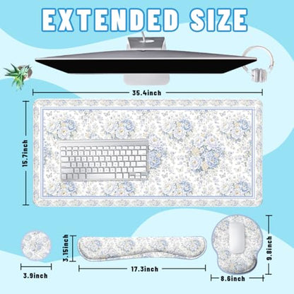Blue Rose Desk Mat Set White Floral Large Mouse Pad with Wrist Rest 4in1 Desk Mat for Desktop Ergonomic Computer Desk Arm Wrist Anti-Slip Computer Ergonomic Mouse Pad Home Office Gaming - color: Blue Rose