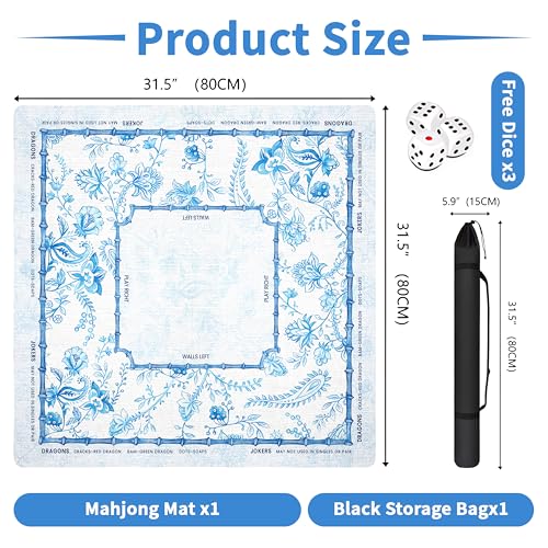 Mahjong Mat with Black Carrying Bag, 31.5"x31.5" Anti-Slip Noise Reduction Gaming Mat for Mahjong, Poker, Board Games, 3 Dice & Black Storage Bag - color: White