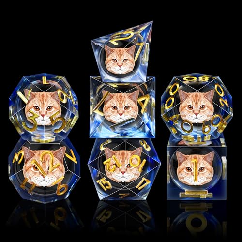 AUSTOR 7 Die DND Dice Set 7 Pieces Cat Resin Dice Role Playing D and D Dice D20 D12 D10 D8 D6 D4 Sharp Edge Dungeons and Dragons Dice with Case - color: Cat - Blue