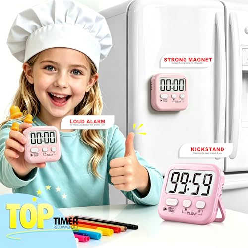 2 Pack Digital Timer for Kids Classroom Kitchen Timers for Cooking | w/ Battery, Easy to View, Alarm, Mute Mode, Count Down/Up, Magnetic, Kickstand, Hanging, Classroom Timer for Teacher Supplies - color: Relaxing Pink
