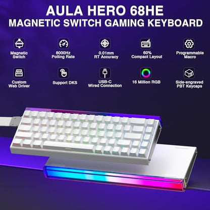 AULA Hero 68 HE 60% Gaming Keyboard Wired, Hall Effect Magnetic Switch Keyboard with Adjustable Actuation, Fast Trigger Mode, 8K Hz Polling Rate, 0.125ms Latency,Side Printed PBT Keycaps, RGB Backlit - color: White