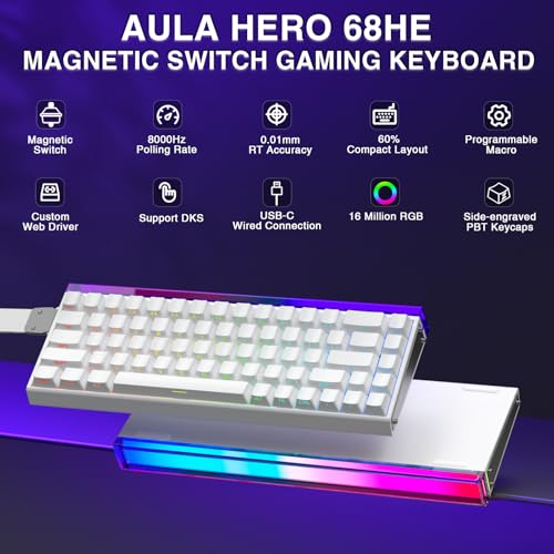 AULA Hero 68 HE 60% Gaming Keyboard Wired, Hall Effect Magnetic Switch Keyboard with Adjustable Actuation, Fast Trigger Mode, 8K Hz Polling Rate, 0.125ms Latency,Side Printed PBT Keycaps, RGB Backlit - color: White