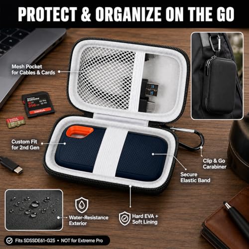 Hard Case Compatible with SanDisk 500GB/ 1TB/ 2TB/ 4TB Extreme Portable SSD - Up to 1050MB/s - USB-C, USB 3.2 Gen 2 - External for Solid State Drive. Carrying Travel Holder for USB Cables (Box Only) | Protective Storage Bag Fits for SanDisk 500GB/ 1TB/ 2T