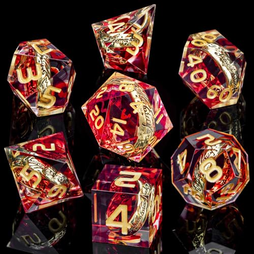 Magic Golden Ring DND Dice Set Sharp Edge Red Resin Dice with Box, for use with Dungeons Dragon RPG D&D Tabletop Games Lord D and D Polyhedral Dice Set - color: Ring - Red-1