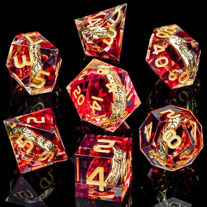 Magic Golden Ring DND Dice Set Sharp Edge Red Resin Dice with Box, for use with Dungeons Dragon RPG D&D Tabletop Games Lord D and D Polyhedral Dice Set - color: Ring - Red-1