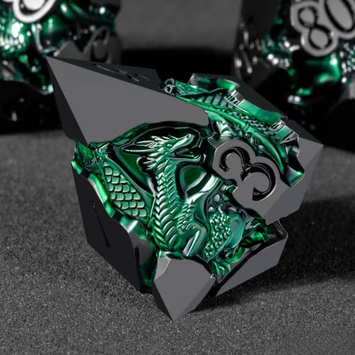 Roycevon Relief Dragon DND Dice Set for Role Playing Game, 7Pcs Metal D&D Dice Set Dungeons Dragons with Gift Box, Polyhedral D and D Dice D20 D12 D10 D8 D6 D4, Green and Black - color: Green and Black