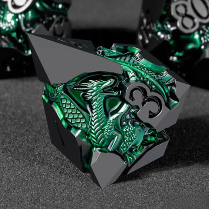 Roycevon Relief Dragon DND Dice Set for Role Playing Game, 7Pcs Metal D&D Dice Set Dungeons Dragons with Gift Box, Polyhedral D and D Dice D20 D12 D10 D8 D6 D4, Green and Black - color: Green and Black