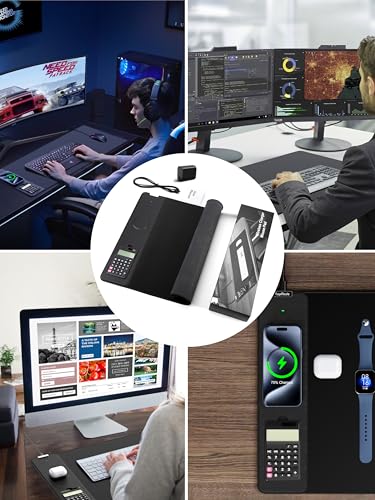 TopMade Mouse Pad with 15W Wireless Charging, Removable 8-Digit Solar Calculator, Exact Large Desk Pad, Waterproof Mousepad Home Office Desk Mat (Includes 20W PD Power Adapter & 6.56ft Woven Cable) - color: Black-Calculator-31.5"x15.8"-with Adapter