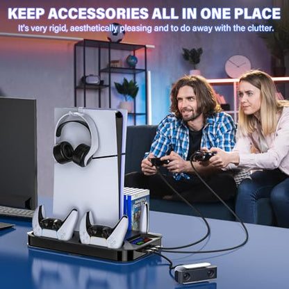 PS5 / PS5 Slim Cooling Station with Controller Charging Station for PlayStation 5 Console Disc/Digital, Cooling Stand for PlayStation 5 Slim with Cooler Fan Accessories with 3 USB Hubs/Headset Holder - color: Black