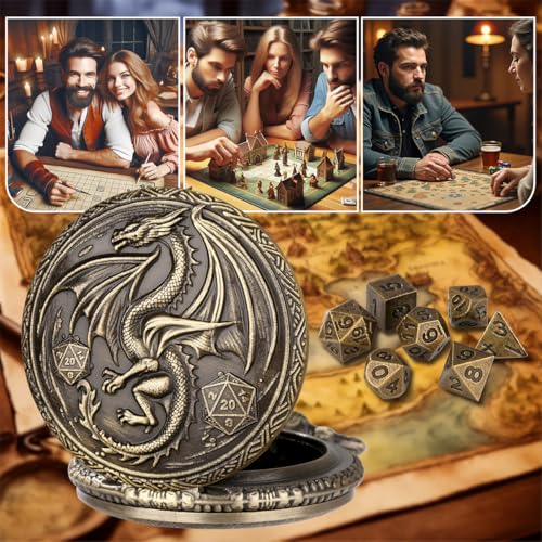 Mini DND Dice Set, with Steampunk Winged Dragon Pocket Watch Shell Case, 7-Piece Polyhedral Metal D&D Dice, DND Gift Bag with Dragon Logo, MTG, Role Play Board Game Accessories, Bronze - color: Bronze