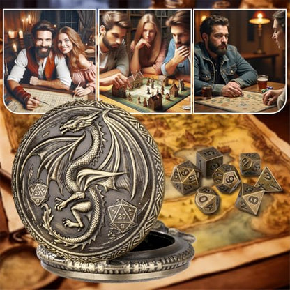 Mini DND Dice Set, with Steampunk Winged Dragon Pocket Watch Shell Case, 7-Piece Polyhedral Metal D&D Dice, DND Gift Bag with Dragon Logo, MTG, Role Play Board Game Accessories, Bronze - color: Bronze