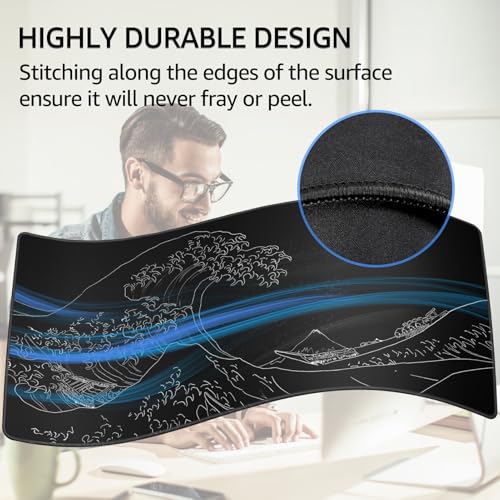 KTRIO Large Gaming Mouse Pad, Desk Mat, 31.5 x 15.7 in, Kanagawa Wave, XXL | Smooth Micro-Weave Surface, Artistic Pattern Design, Non-Slip Rubber Base, Durable Stitched Edges, Office & Home Use - color: Kanagawa Wave, size: 31.5l X 15.7w Inches