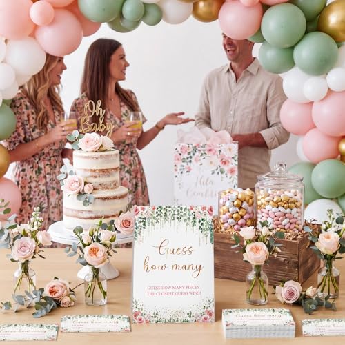 Rose Eucalyptus Guess How Many Baby Shower Game Pack of 1 Tabletop Sign with Stand and 50 How Many Cards, Blush Floral Gender Reveal Party Game Decorations - style: Rose Eucalyptus