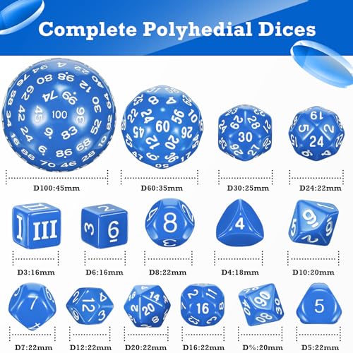 Civaner 15 Pcs Complete Polyhedral Dice Set D3-D100 Spherical RPG Dice Set in Opaque Black, 100 Sides for Role Playing Table Games Party Supplies(Blue and White) - color: Blue and White