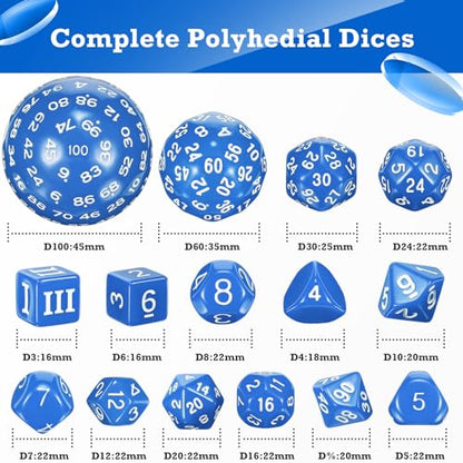 Civaner 15 Pcs Complete Polyhedral Dice Set D3-D100 Spherical RPG Dice Set in Opaque Black, 100 Sides for Role Playing Table Games Party Supplies(Blue and White) - color: Blue and White