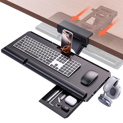 Klearlook Upgraded Ergonomic Keyboard Tray Under Desk, Adjustable Sliding Keyboard Platform Holder, Keyboard Stand with Wrist Rest & Storage Drawer for Home, Office and Gaming, 24.4"x10"