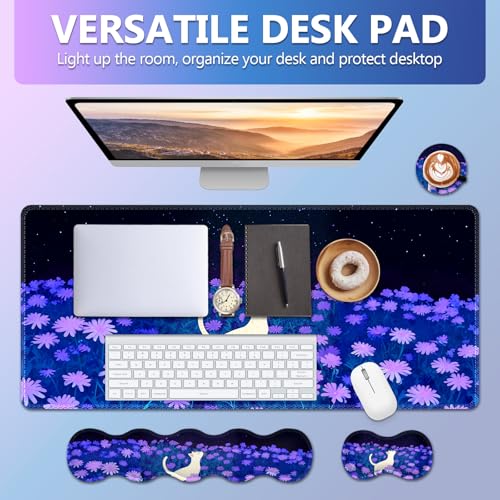 AIMSA Large Mouse Pad Wrist Support Set, Purple Desk Mat+Mouse Pad with Wrist Rest+Keyboard Wrist Pad+Coaster, 4-in-1 Cat Flowers Ergonomic Mousepad Combo - color: Cat Purple Flowers