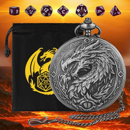 Mini DND Dice Set, 7-Piece Polyhedral Acrylic D&D Dice, with Steampunk Dragon Large Pocket Watch Case, DND Gift Bag with Dragon Logo, Role Play Board Game Accessories, Dark Silver + Purple - color: Silver + Purple
