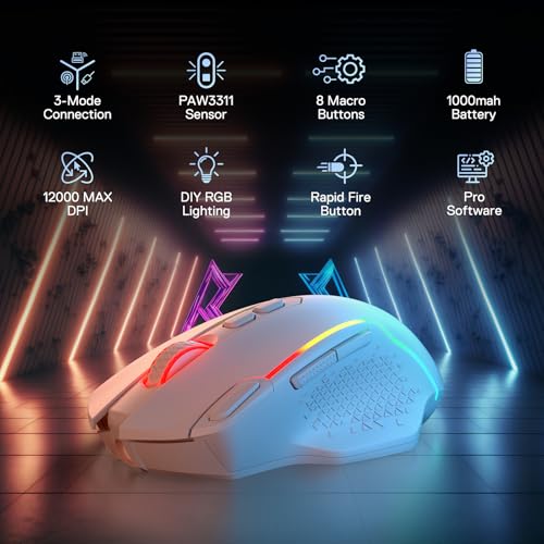 Redragon M810 MAX Wireless RGB Gaming Mouse 12000 DPI Remapping Keys | Cable-Free 0 Delay, Smooth Precise Tracking, Rapid-Fire Macro Keybinds, Vibing Backlight, Ergonomic Grip Body Comfort - color: White, style: M810 PRO MAX
