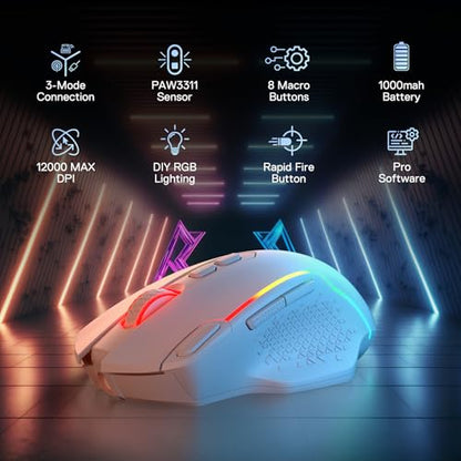 Redragon M810 MAX Wireless RGB Gaming Mouse 12000 DPI Remapping Keys | Cable-Free 0 Delay, Smooth Precise Tracking, Rapid-Fire Macro Keybinds, Vibing Backlight, Ergonomic Grip Body Comfort - color: White, style: M810 PRO MAX