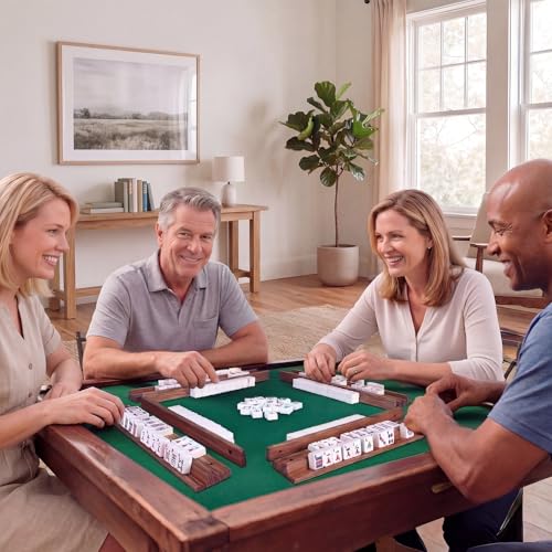 Wooden Mahjong Racks with Pushers Set of 4, 17" All-in-One Mahjong Tile Holders with Storage Bag – Perfect for Mahjong, Dominoes & Mexican Train (Natural Walnut)