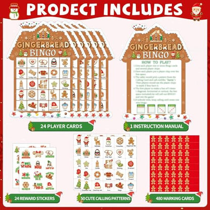 39Pcs Christmas Gingerbread Themed Bingo Game for Kids Adults 24 Players Christmas Baking Game Cards with Reward Stickers for Family Friends Students Large Group Activities Winter Holiday Party Favors - style: Christmas Gingerbread