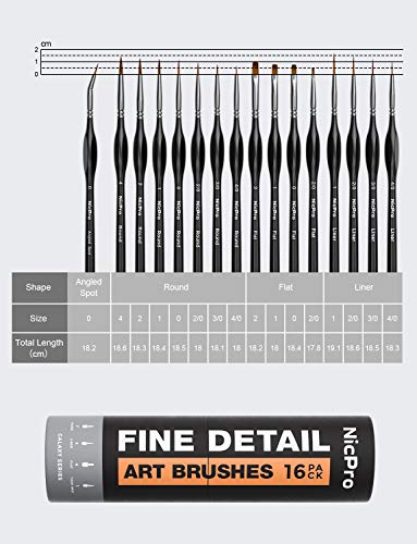 Nicpro 16 PCS Miniature Paint Brushes,Fine Tip Micro Detail Paint Brush Set | for Acrylic Watercolor Oil Gouache, Paint by Numbers, Model, Miniatures, Craft, Rock Painting - with Container - style: 16 Pack (Detail)