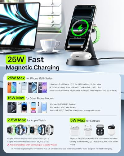 25W Fast Charging Station Designed for MagSafe Charger for iPhone 17 16 Series, 3 in 1 Magnetic Wireless Charging Stand with 45W Adapter for iWatch & Earbuds, Charger Dock with Heat Dissipation - size: 25W Max for Phone