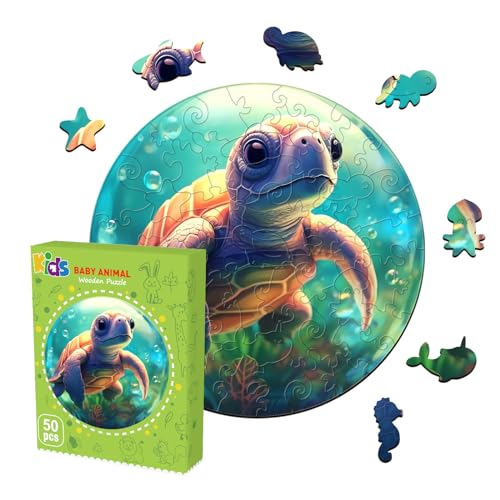 Wooden Puzzles for Kids Ages 4-8, Sea Turtle Puzzle, Unique Animal Shaped Wooden Jigsaw Puzzles for Kid, 50 Pieces Puzzles for Kids(50pcs,11.4 * 11.4in) - color: Baby Turtle