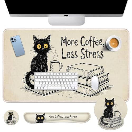 Britimes Black Cat Coffee Keyboard Mouse Pad Set Vintage Funny Book 4in1 Large Mousepad+Keyboard Wrist Rest+Mouse Wrist Rest+Coaster Ergonomic Design for Home Office Computer 35.4x15.7 inches - color: Balck Cat and Books