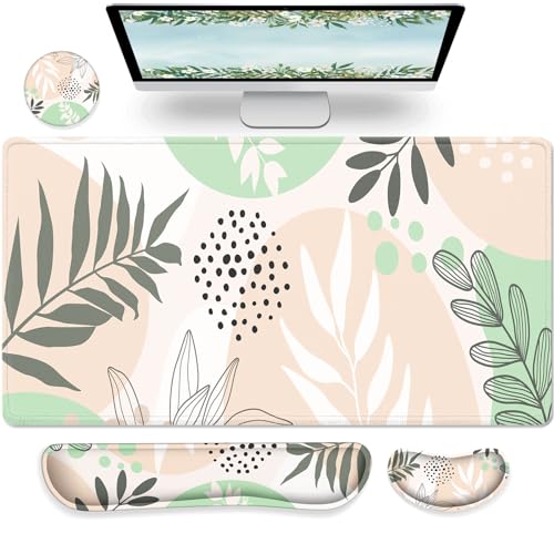 Gimars 4 in 1 Mouse Pad and Keyboard Wrist Rest Set, Large Mouse Pad with Memory Foam Wrist Support Pad for Desk with Coaster, Easy Typing Pain Relief, Gaming Office Home 31.5x12 inch, Morandi Beige - color: Morandi Beige, size: 4-pcs set (keyboard&mouse