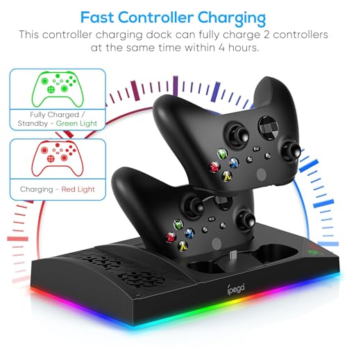 Upgraded RGB Cooling Fan Charge Stand for Xbox Series S Console &Controller | Dual Charger Dock Cooler System Stand with 15 Colorful Light Modes Accessories with 2*1400mAH Rechargeable Battery, Black - color: Black