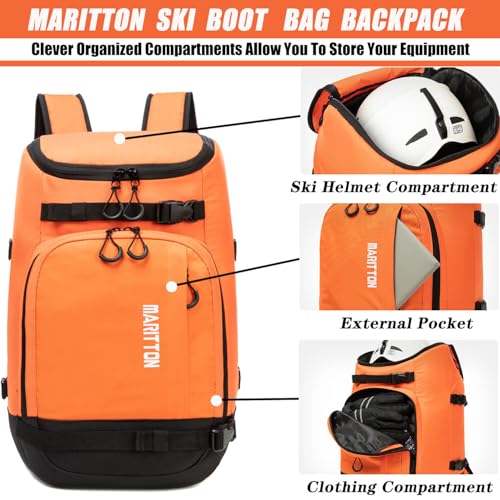 Ski Boot Bag - Boot Travel Backpack for Snowboard & Ski Boots, Helmet, Goggles, Gloves, Accessories - color: orange