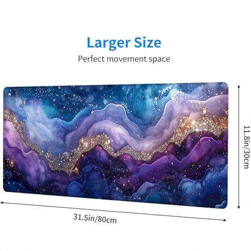 Marble Mouse Pad Fantasy Ink Painting Purple Blue Glitter Large Gaming Mouse Mat with Stitched Edges,Non-Slip Waterproof Rubber Base Mouse Mat Office Computer Keyboard Laptop Home 31.5"x11.8" - color: Marble, size: 31.5" x 11.8"