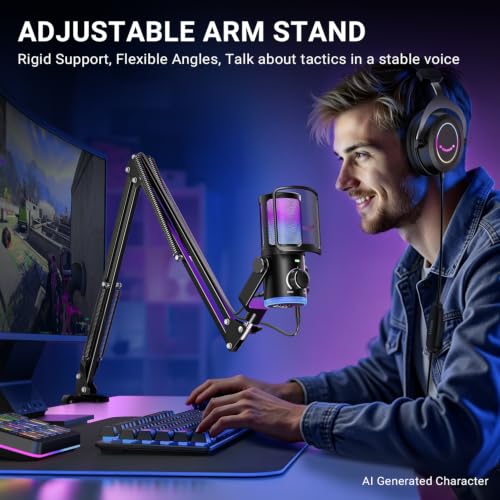 FIFINE AmpliGame AM6T Gaming USB Microphone Kit, Condenser Mic for PC/PS5 | Noise Cancellation, ChatMix Dial, Quick Mute, RGB Control, Gain Knob, Boom Arm, Monitoring, for Streaming Twitch Podcast