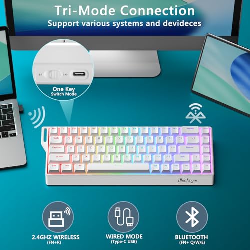 BlueFinger 60% Wireless Mechanical Gaming Keyboard, Bluetooth/2.4GHz/USB-C Hot Swappable RGB Backlit Keyboard with PBT Keycaps, 60 Percent Compact Keyboard for Mac PC PS5 Xbox, White - color: White