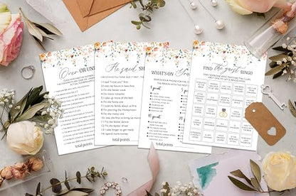Bridal Shower Games Cards Set, Find The Guest Bingo, What's On Your Phone, He Said She Said, Over Or Under, Set Of 4 Boho Floral Bridal Shower Party Game Favors Supplies, Fall Decoration -02 - style: set-02